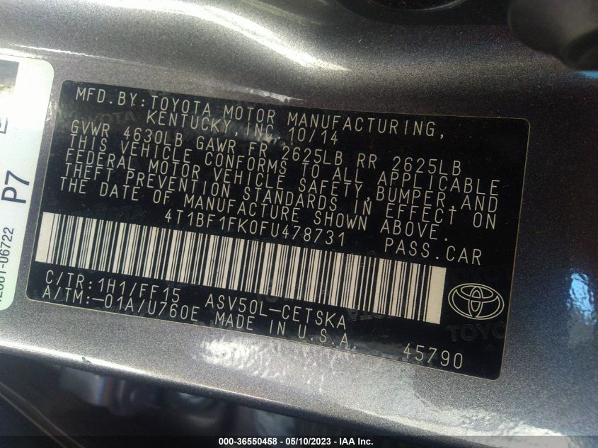 2015 TOYOTA CAMRY XLE/SE/LE/XSE - 4T1BF1FK0FU478731