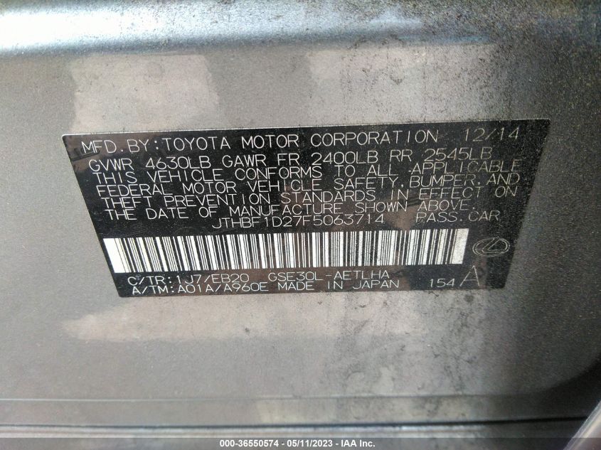 2015 LEXUS IS 250 - JTHBF1D27F5063714