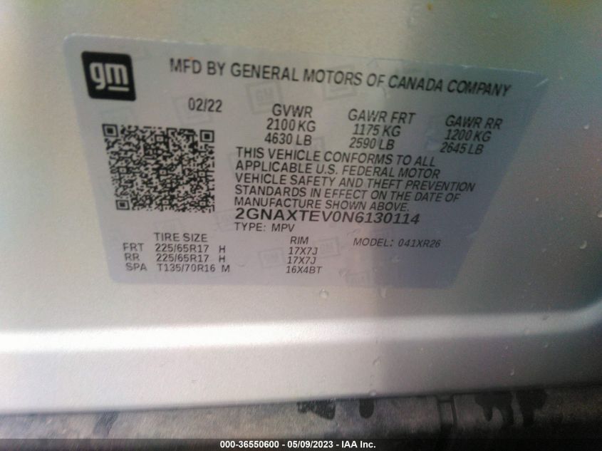 2022 CHEVROLET EQUINOX LT - 2GNAXTEV0N6130114