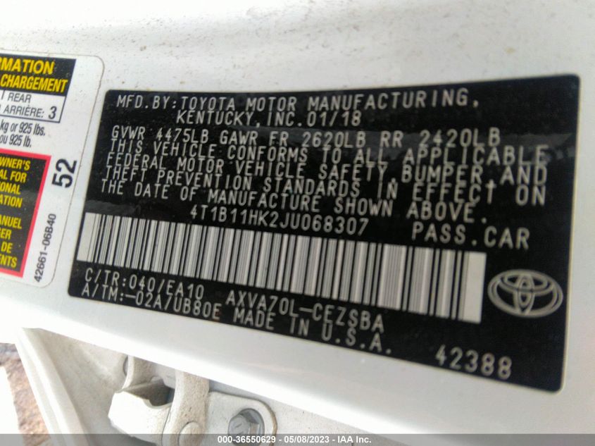 2018 TOYOTA CAMRY LE/SE/XLE/L - 4T1B11HK2JU068307