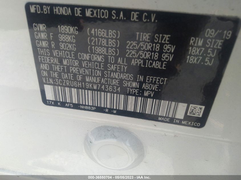 2019 HONDA HR-V SPORT - 3CZRU6H19KM743634