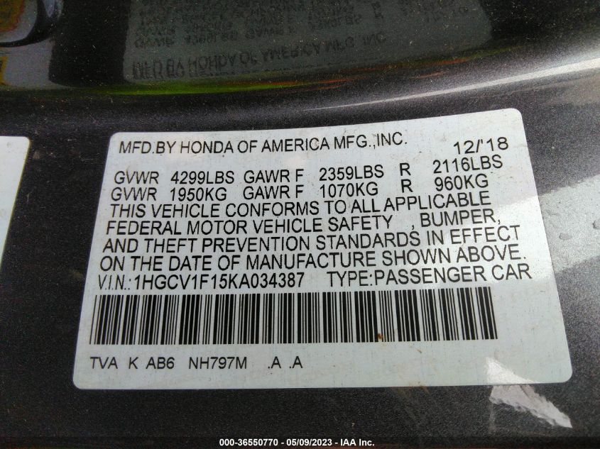 2019 HONDA ACCORD SEDAN LX 1.5T - 1HGCV1F15KA034387