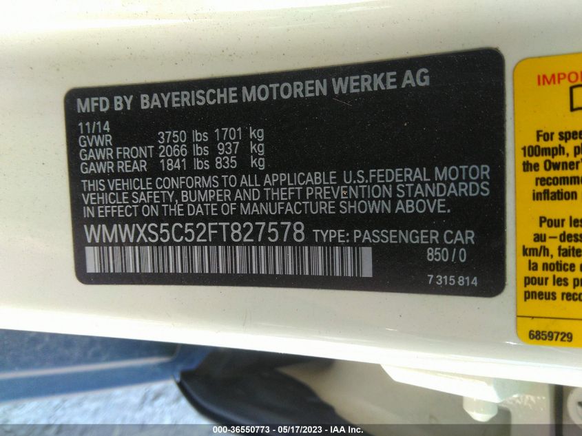 2015 MINI COOPER HARDTOP 4 DOOR - WMWXS5C52FT827578