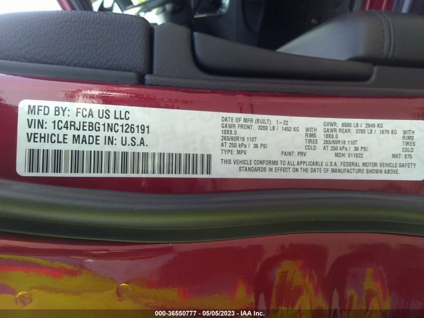 2022 JEEP GRAND CHEROKEE WK LIMITED 1C4RJEBG1NC126191