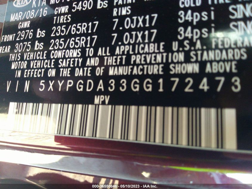 2016 KIA SORENTO LX - 5XYPGDA33GG172473