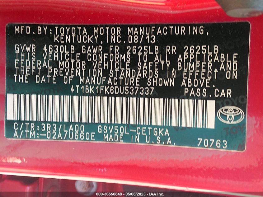 2013 TOYOTA CAMRY XLE - 4T1BK1FK6DU537337