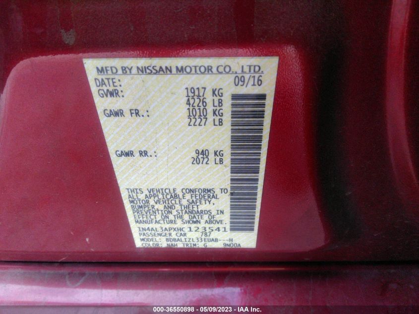 2017 NISSAN ALTIMA 2.5 SV - 1N4AL3APXHC123541