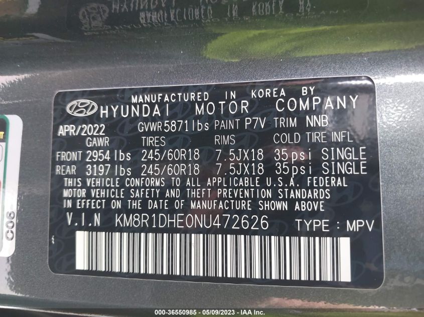 2022 HYUNDAI PALISADE SE - KM8R1DHE0NU472626