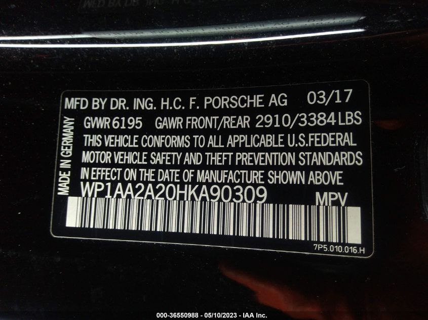 2017 PORSCHE CAYENNE - WP1AA2A20HKA90309