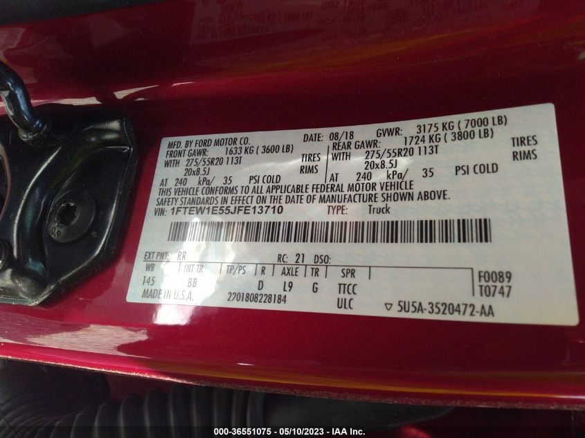 2018 FORD F-150 XL/XLT/LARIAT - 1FTEW1E55JFE13710