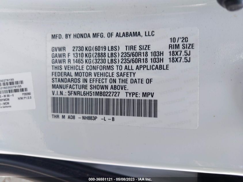 2021 HONDA ODYSSEY EX - 5FNRL6H51MB022727