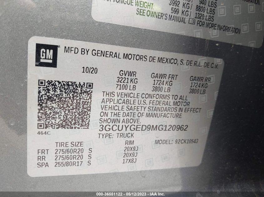 2021 CHEVROLET SILVERADO 1500 LTZ - 3GCUYGED9MG120962