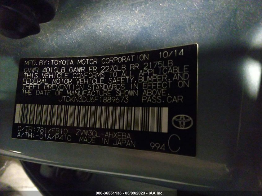 2015 TOYOTA PRIUS FOUR - JTDKN3DU6F1889673