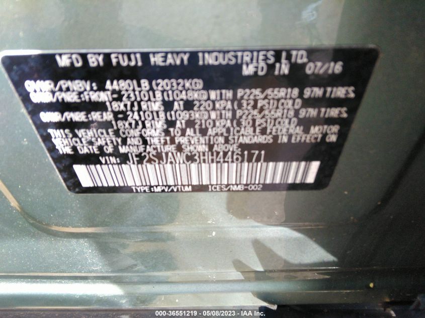 2017 SUBARU FORESTER TOURING - JF2SJAWC3HH446171
