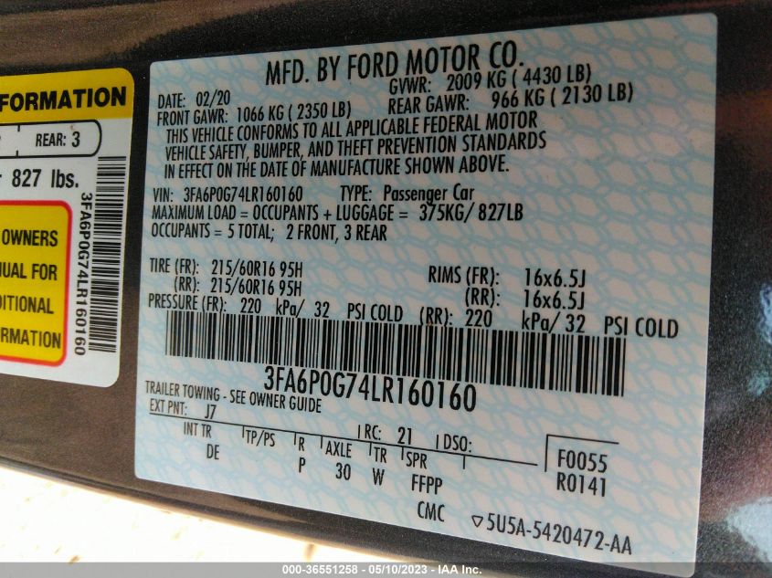 2020 FORD FUSION S - 3FA6P0G74LR160160