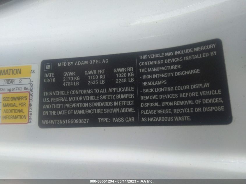 2016 BUICK CASCADA PREMIUM - W04WT3N51GG090827