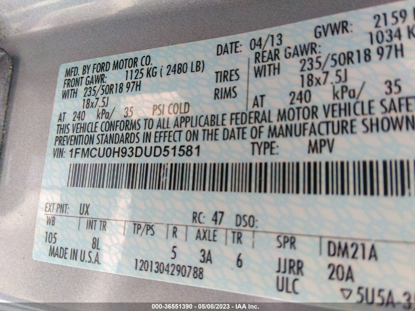 2013 FORD ESCAPE SEL - 1FMCU0H93DUD51581