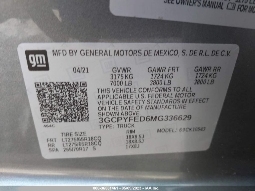 2021 CHEVROLET SILVERADO 1500 LT TRAIL BOSS - 3GCPYFED6MG336629