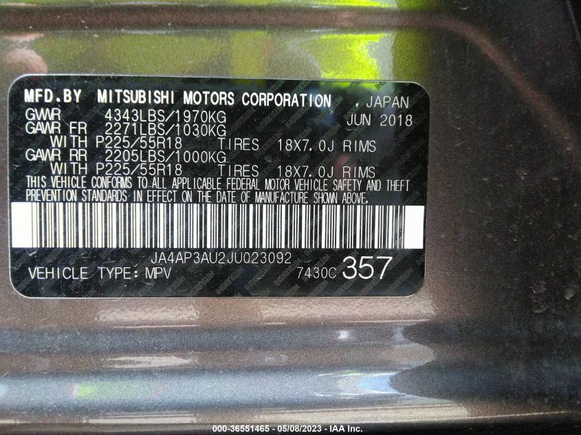 2018 MITSUBISHI OUTLANDER SPORT 2.0 - JA4AP3AU2JU023092