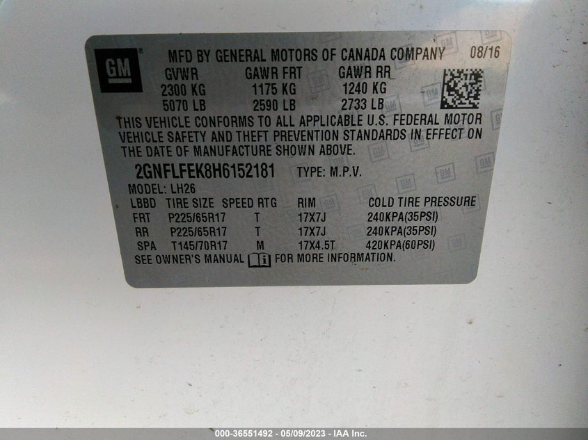 VIN 2GNFLFEK8H6152181 2017 CHEVROLET EQUINOX LT