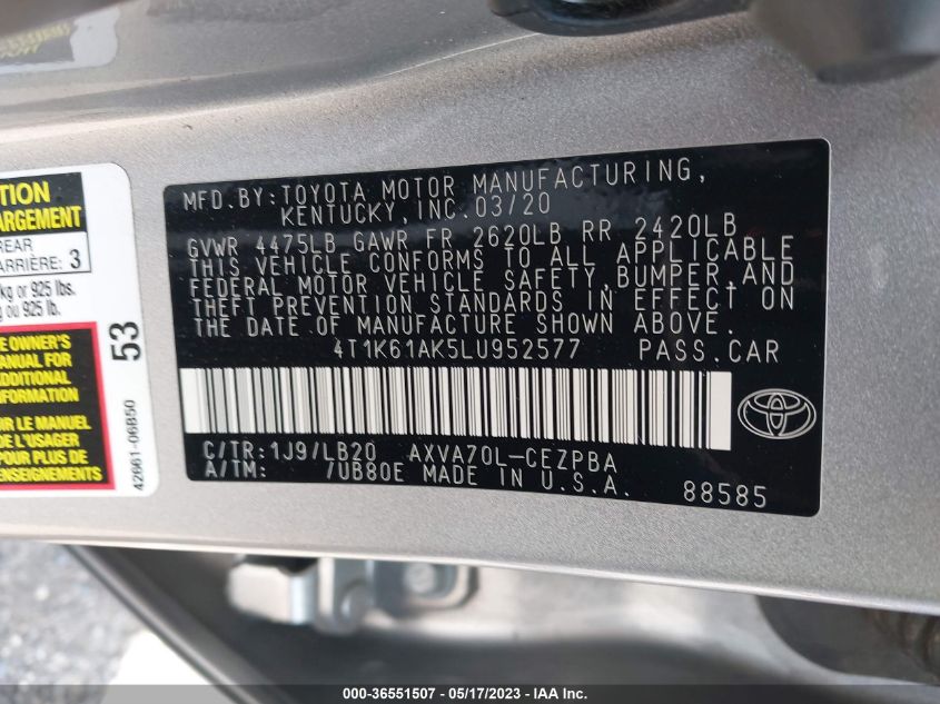 2020 TOYOTA CAMRY XSE - 4T1K61AK5LU952577