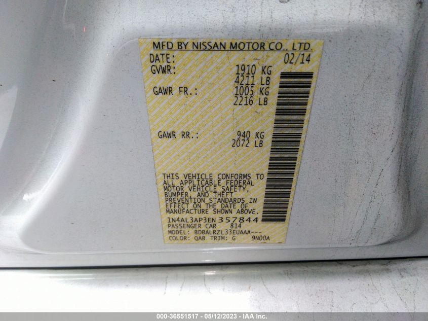 2014 NISSAN ALTIMA 2.5 S - 1N4AL3AP3EN357844
