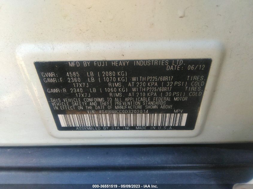2013 SUBARU OUTBACK 2.5I PREMIUM - 4S4BRBCC0D3202014