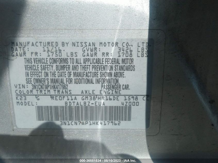 2017 NISSAN VERSA SEDAN SV - 3N1CN7AP1HK417962