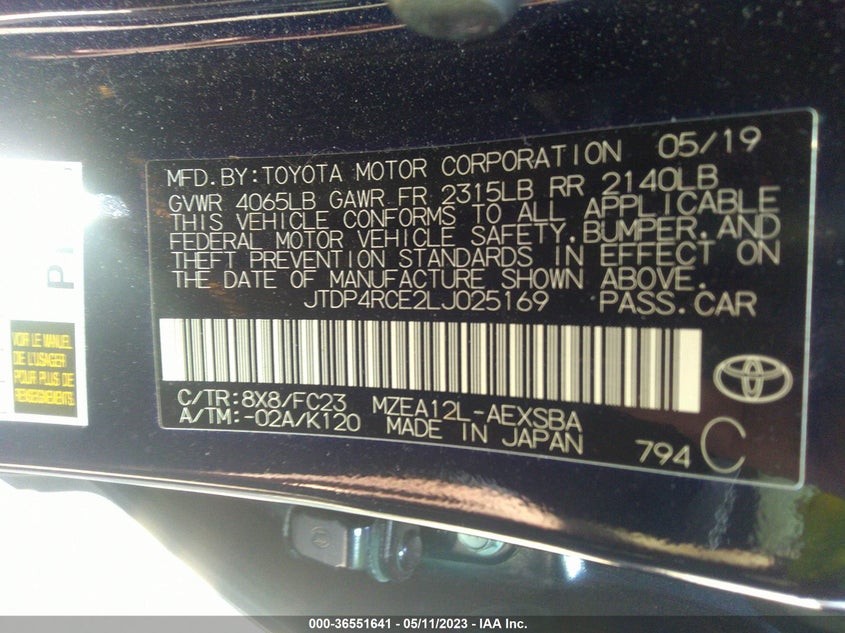 VIN JTDP4RCE2LJ025169 2020 TOYOTA COROLLA SE