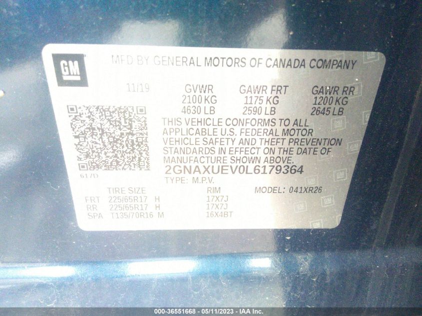 2020 CHEVROLET EQUINOX LT - 2GNAXUEV0L6179364