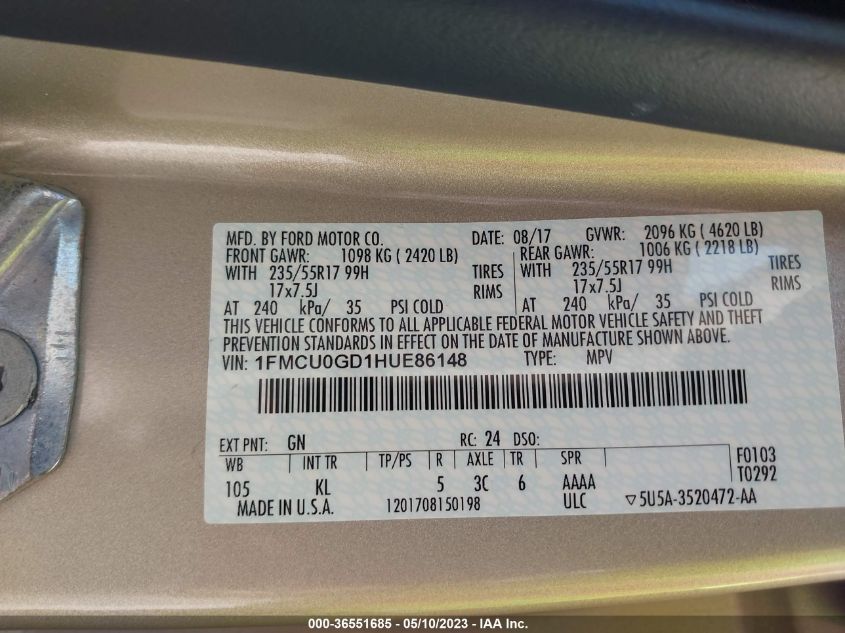 2017 FORD ESCAPE SE - 1FMCU0GD1HUE86148