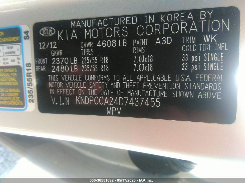 2013 KIA SPORTAGE EX - KNDPCCA24D7437455