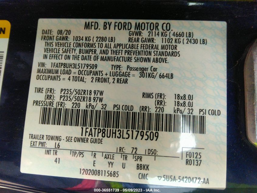 2020 FORD MUSTANG ECOBOOST - 1FATP8UH3L5179509