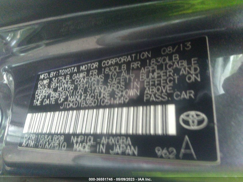 2013 TOYOTA PRIUS C ONE/TWO/THREE/FOUR JTDKDTB35D1051449