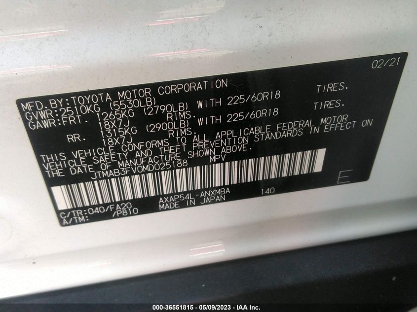 2021 TOYOTA RAV4 PRIME SE - JTMAB3FV0MD025188