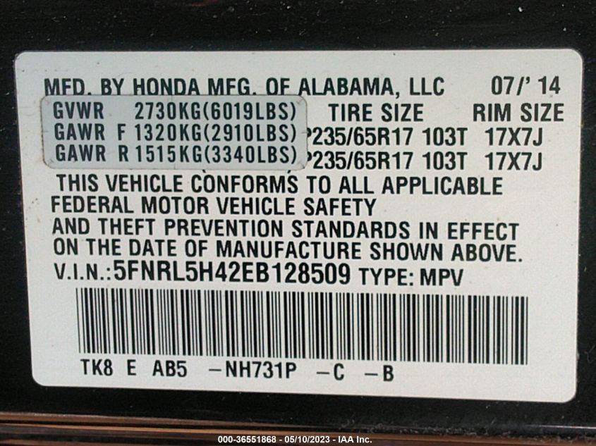 2014 HONDA ODYSSEY EX - 5FNRL5H42EB128509