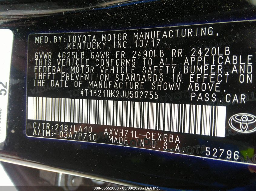 2018 TOYOTA CAMRY HYBRID XLE - 4T1B21HK2JU502755