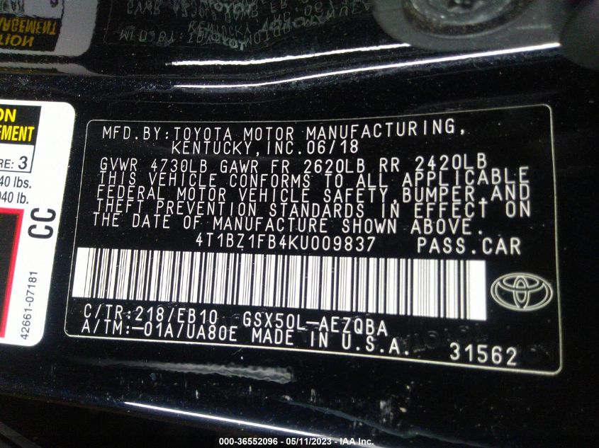 2019 TOYOTA AVALON XLE/TOURING/LIMITED/XSE - 4T1BZ1FB4KU009837