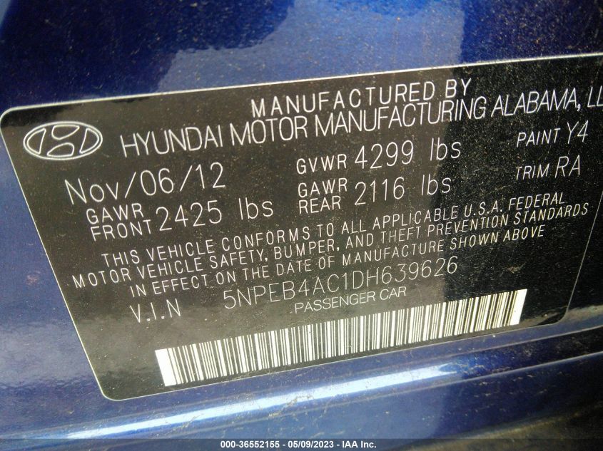 2013 HYUNDAI SONATA GLS PZEV - 5NPEB4AC1DH639626