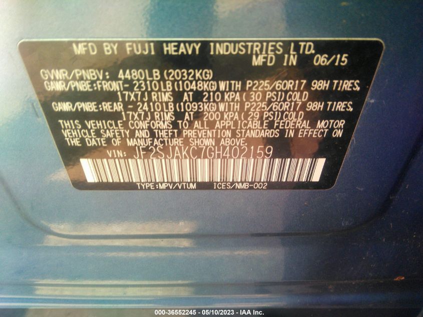 2016 SUBARU FORESTER 2.5I LIMITED - JF2SJAKC7GH402159