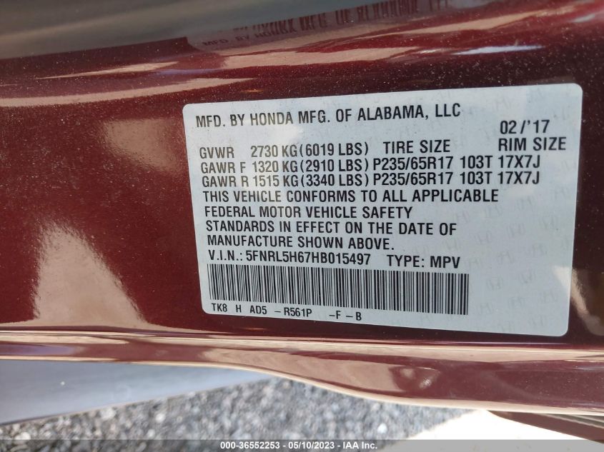 2017 HONDA ODYSSEY EX-L - 5FNRL5H67HB015497