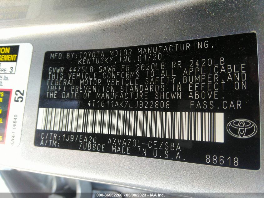 2020 TOYOTA CAMRY SE - 4T1G11AK7LU922808