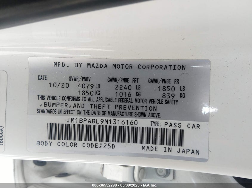 VIN JM1BPABL9M1316160 2021 MAZDA MAZDA3 SEDAN SELECT