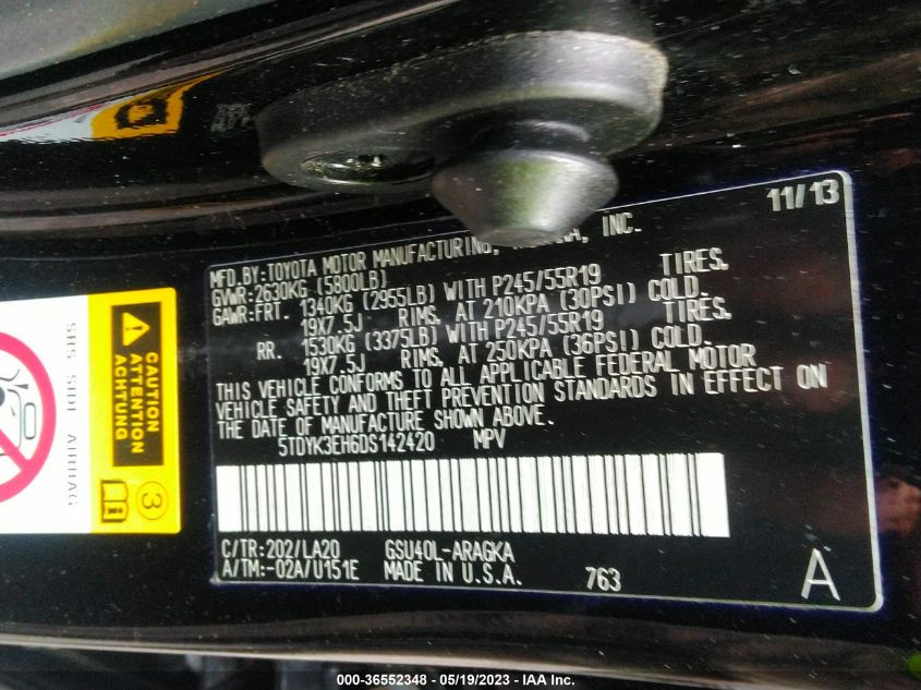 2013 TOYOTA HIGHLANDER LIMITED - 5TDYK3EH6DS142420