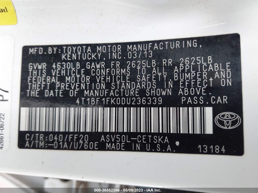 2013 TOYOTA CAMRY L/LE/SE/XLE - 4T1BF1FK0DU236339