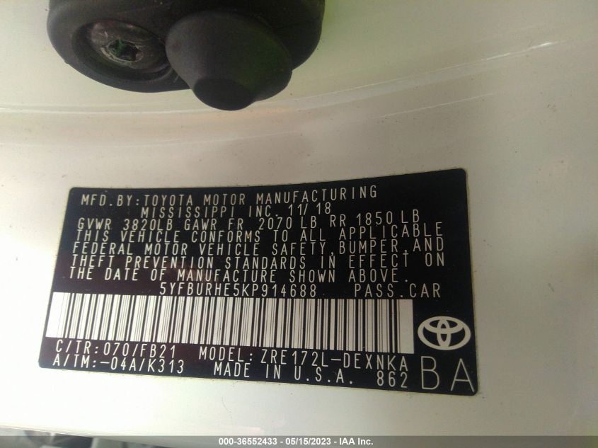 2019 TOYOTA COROLLA L/LE/SE/XLE/XSE - 5YFBURHE5KP914688