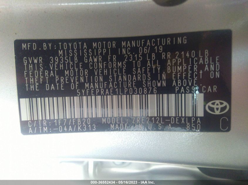 2020 TOYOTA COROLLA LE - 5YFEPRAE1LP030876
