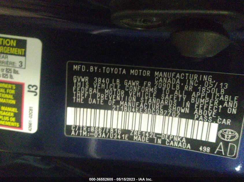 2013 TOYOTA COROLLA L/LE/S - 2T1BU4EE3DC097702