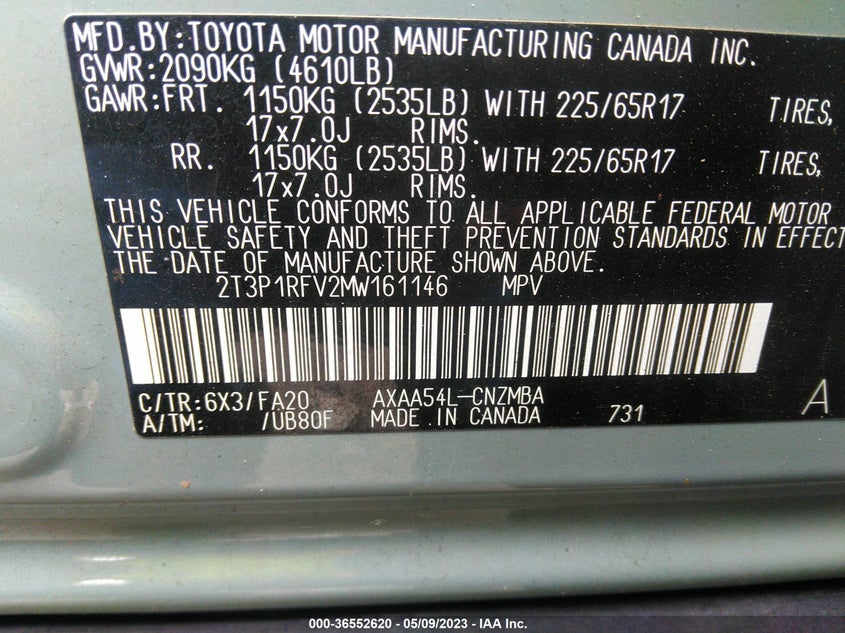 VIN 2T3P1RFV2MW161146 2021 TOYOTA RAV4 XLE
