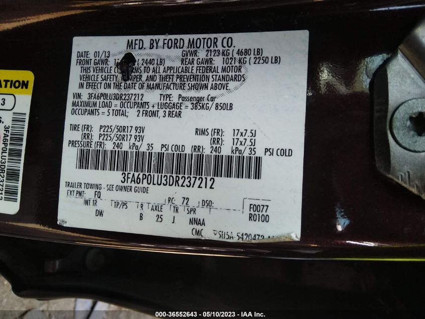 2013 FORD FUSION SE HYBRID - 3FA6P0LU3DR237212